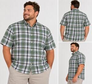Croft & Barrow Mens 2XB Green Plaid Short Sleeve Button Down Easy Care Shirt
